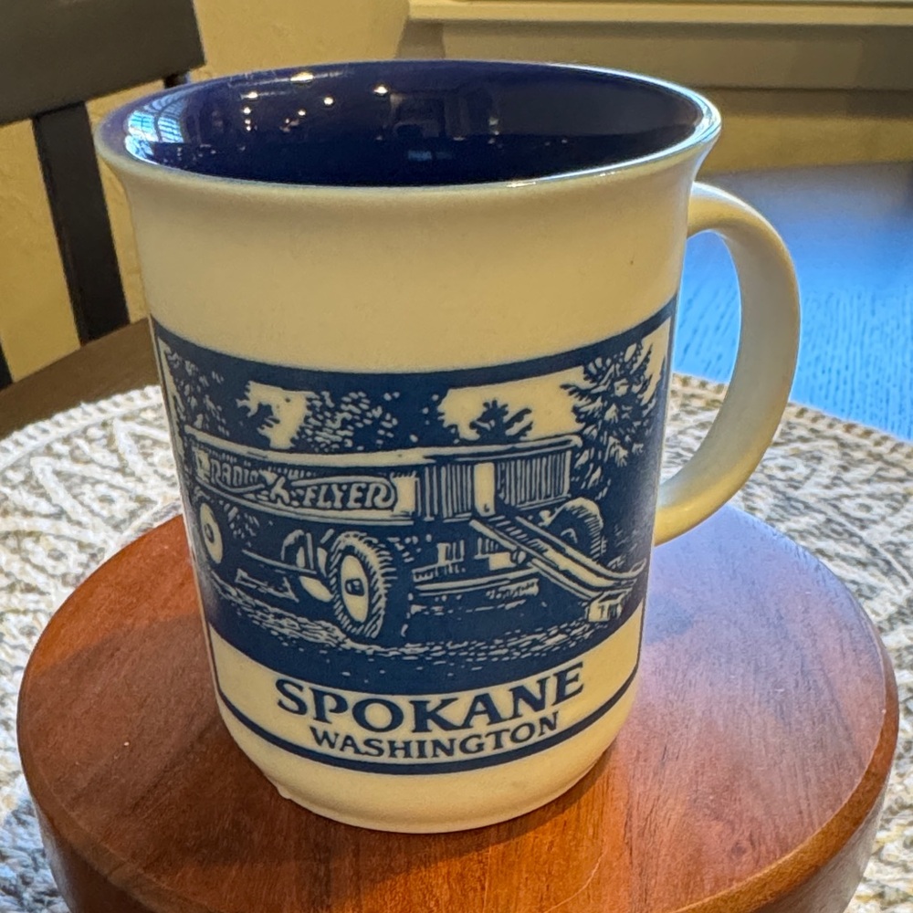 Spokane Washington Big Red Wagon Mug Blue and white #KenSpiering